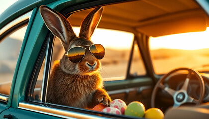 Cute Easter Bunny with sunglasses looking out of a car filed with easter eggs Greetings and presents for Easter Day.Promotion and shopping template for Easte Copy Space