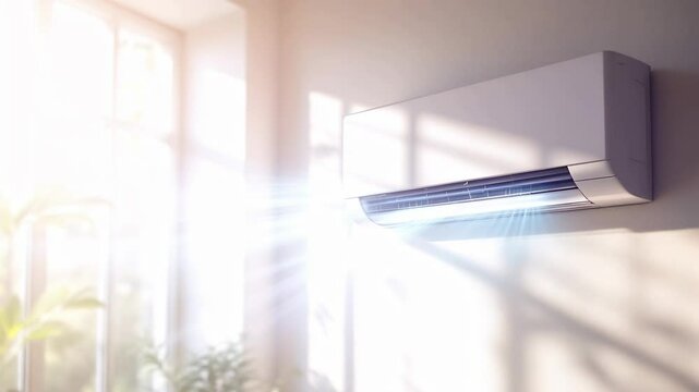 Modern slim air conditioner with cool fresh blue moving stream in living room. Summer cooling system installation. Ventilation system. Energy efficient climate control.