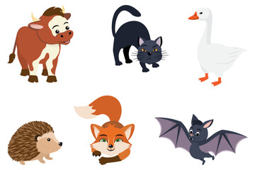 Cartoon cute animals set. Cow, fox, cat, bat, goose, hedgehog isolated on white background. Vector illustration, kids design.