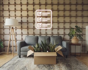 Housing moving checklist concepts. Cozy living room with a checklist neon sign and a box of plants in a modern setting.
