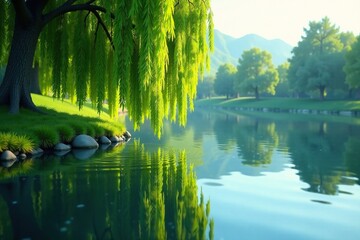 Gentle ripples disturb the still water surface with a weeping willow, water surface, calmness