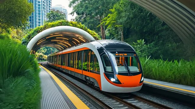 A modern double-decker train pulling into an eco-friendly railway station surrounded by greenery.