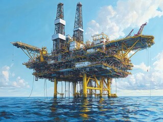 Offshore oil rig platform at sea, sunny day, energy industry