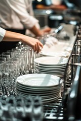 Server preparing dishes for a restaurant setting.