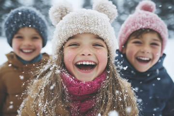 Several children are smiling at the camera in the snow