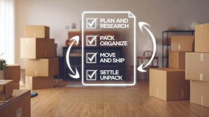Housing moving checklist concepts. A checklist for moving surrounded by cardboard boxes in a cozy interior.