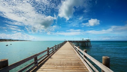 Fototapeta premium vast coastal horizon with serene fishing pier under bright summer sky and fluffy clouds perfect for tranquil nature scenes and seascapes