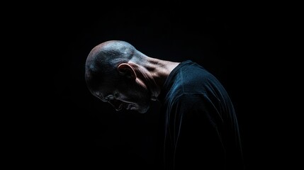 Withdrawal symptoms in a person standing in a dark room, head tilted back. Featuring emotional and physical distress