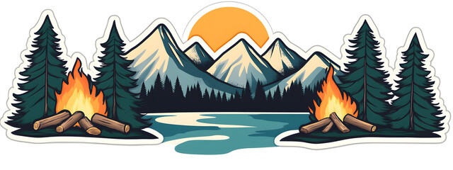 A cartoon drawing of mountains, pine trees, and a lake with a campfire in the foreground
