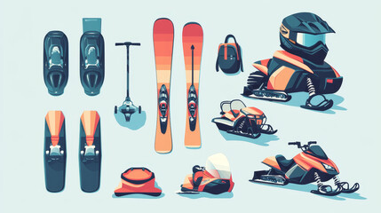 Winter equipment set for extreme sport. Vector illustration of winter equip for outdoor extreme sport activity and leisure on snow hills and mountains. Various wintertime holidays snowmobile, skiing.