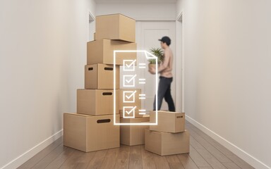 Fototapeta premium Housing moving checklist concepts. A person carries a plant while surrounded by stacked cardboard boxes in a hallway.