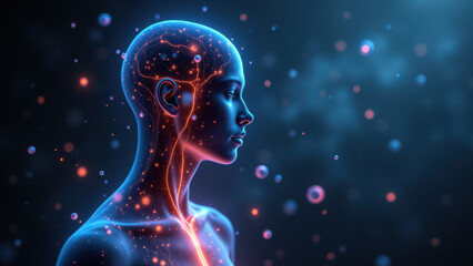 A digital illustration showcasing a human head with internal neural connections representing Vagus Nerve Stimulation (VNS).