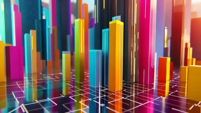 Colorful 3D bar graph visualization with pie chart, showcasing data analysis in a vibrant cityscape
