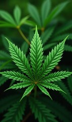 A close-up of a vibrant green cannabis leaf against a dark background, perfect for representing the cannabis industry, herbal products, or natural wellness.