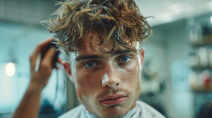 A young man is seated in a barbershop chair getting his hair styled. Water droplets are visible on his face as the stylist uses clippers to achieve the desired look.