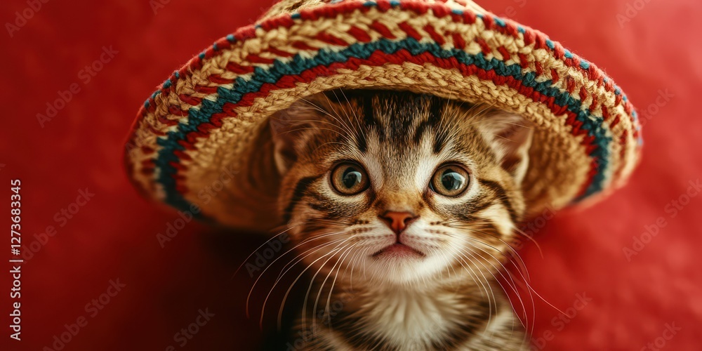 Wall mural Cute kitten wearing a sombrero against a vibrant red background looks surprised and playful in this adorable portrait