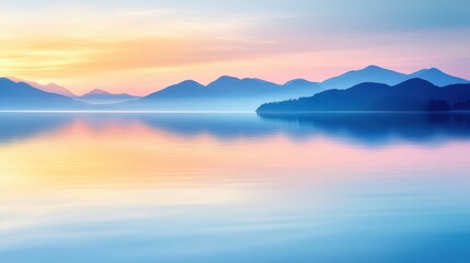 Serene Sunset Over Calm Lake And Mountains