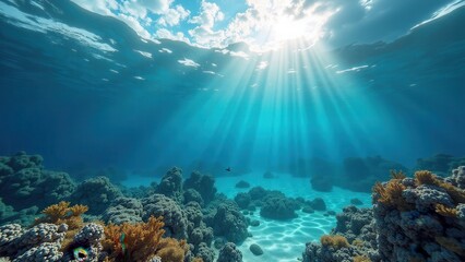Fototapeta premium Underwater coral reef with sunlight rays shining through clear ocean water 