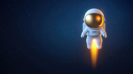 Cute 3D cartoon astronaut with shiny helmet and glowing jet