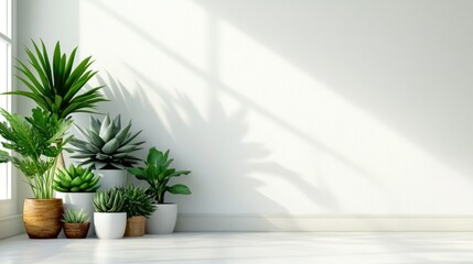 Empty white room with a collection of small potted succulents arranged neatly on the floor, sharp and vibrant in soft morning light, 4K ultra-realistic photo