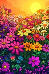Vibrant sunset wildflowers meadow, nature scene, idyllic landscape, spring, summer