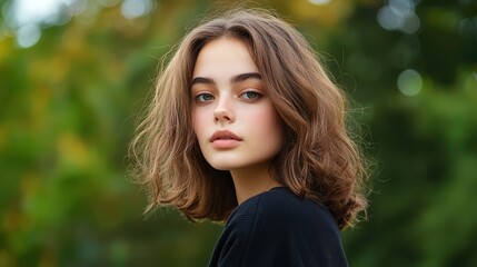 Naklejka premium Captivating portrait of young woman in nature outdoor setting photography soft focus natural beauty