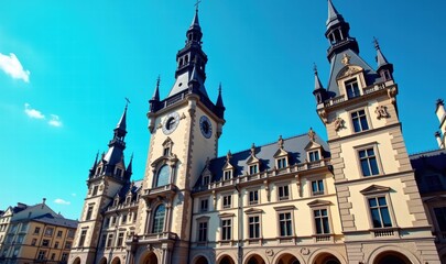 Obraz premium A stunning view of a historic building with intricate architecture against a bright blue sky, perfect for showcasing cultural heritage or civic pride.