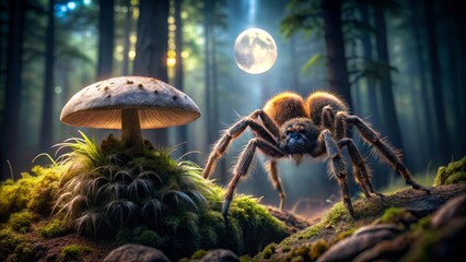 Fototapeta premium A large hairy spider approaches a mushroom in a mystical forest at night