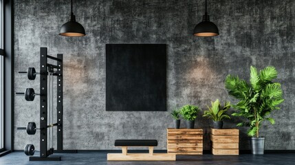 Industrial gym interior mockup with exposed concrete walls, a squat rack, barbells, wooden plyometric boxes, and hanging pendant lights, 4K ultra-realistic photo