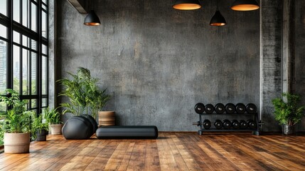 Industrial loft gym with a textured concrete wall, black free weights, wooden flooring, and simple pendant lighting, modern gym mockup, 4K ultra-realistic photo