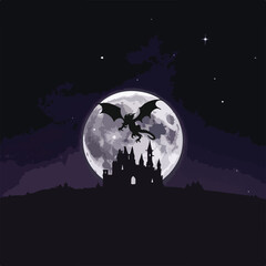 This stylized vector image depicts a dragon flying over a castle at night.