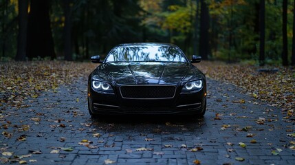 Elegant black car driving through autumn forest path outdoor scene photographic perspective nature vibes