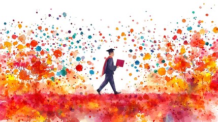 Clipart-style watercolor graduation scene, a graduate walking across the stage with a diploma, vibrant red and blue tones, soft sunlight illuminating the scene, proud and triumphant mood, light
