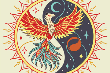  Fantasy phoenix duality, fire and ice, yin and yang, mythical creatures, intricate feather details, swirling energy, elemental magic, cosmic background, vibrant colors, digital art, symmetrical com