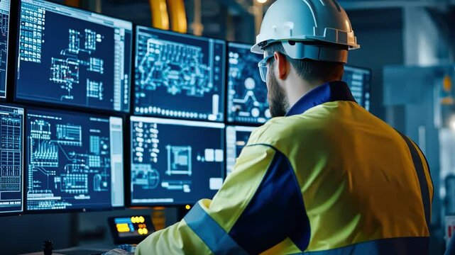 A professional inspector reviewing control systems in a power plant control room filled with digital monitors.