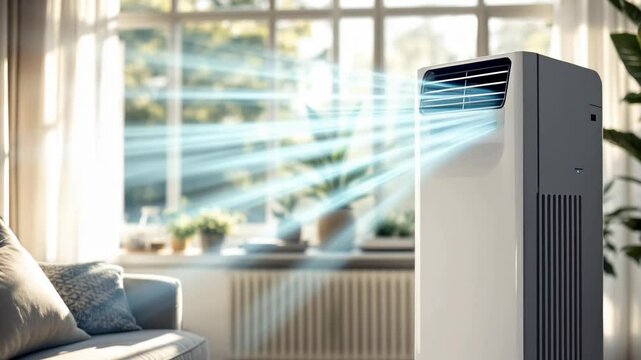 Modern portable air conditioner with cool fresh blue moving stream in living room. Summer cooling system installation. Ventilation system. Energy efficient climate control.