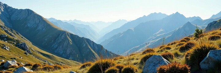 Mountainous backdrop with low-growing shrubs and grasses, mountainous, botanical