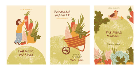 Farmers Market Ads Vector Poster Set