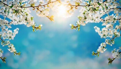 beautiful blooming spring blurred nature background branches of blossoming tree with soft focus on gentle light blue sky background and shining sun frame