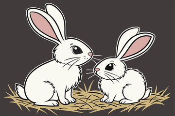 Fototapeta premium white rabbits, fluffy bunnies, pair, side by side, large ears, pink inner ears, black eyes, whiskers, soft fur, straw nest, dark background, studio lighting, symmetrical composition, Easter theme, 