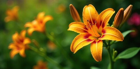 Orange yellow daylily flowers with deep red inner layers on a garden branch, daylily, leaves