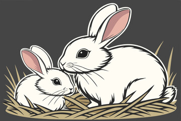  white rabbits, fluffy bunnies, pair, side by side, large ears, pink inner ears, black eyes, whiskers, soft fur, straw nest, dark background, studio lighting, symmetrical composition, Easter theme, 
