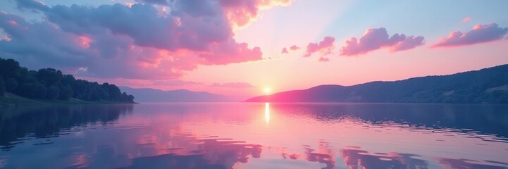 Fototapeta premium Pastel pink and blue sunset over a tranquil lake, peaceful ambiance, serene atmosphere, soothing scene
