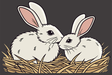  white rabbits, fluffy bunnies, pair, side by side, large ears, pink inner ears, black eyes, whiskers, soft fur, straw nest, dark background, studio lighting, symmetrical composition, Easter theme, 