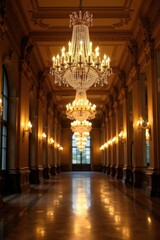 Chandeliers adorn a grand hall with sparkling crystals, Hall decor, Crystal chandeliers, Sparkling crystals