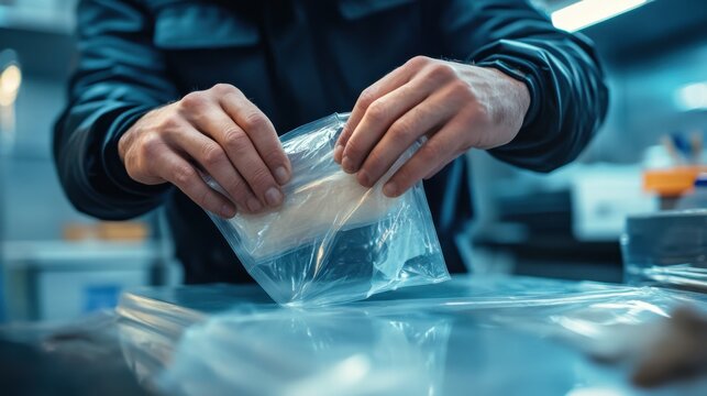 A detective placing a piece of evidence into a plastic bag. Featuring careful handling and process