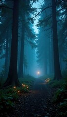Dark forest with twinkling lights and misty atmosphere, lights, night