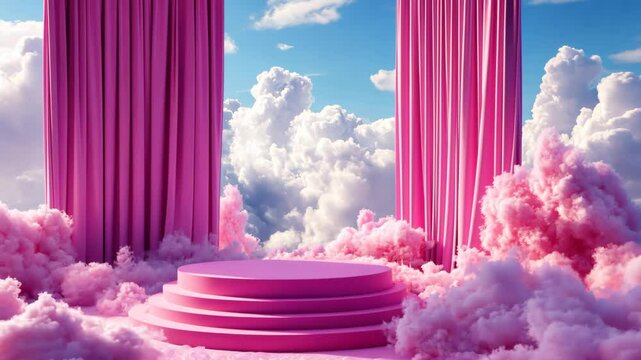 Dreamy pastel stage with pink curtains and clouds against a vibrant blue sky during daytime