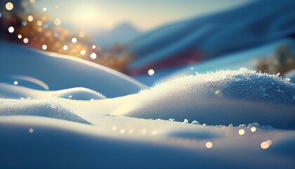sparkling snow with a small hill close up of snow crystals and snow drifts with sunlight