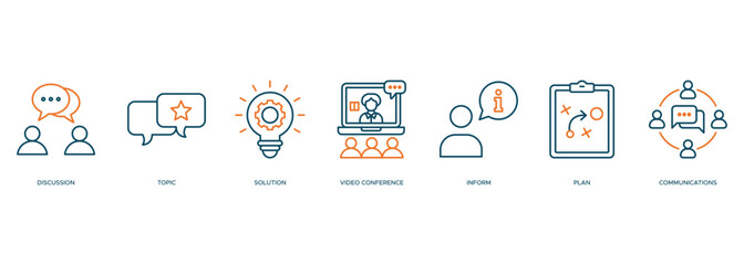 Meeting banner web icon vector illustration for business meeting and discussion with communications, topics, solutions, plan, inform and video conference icon